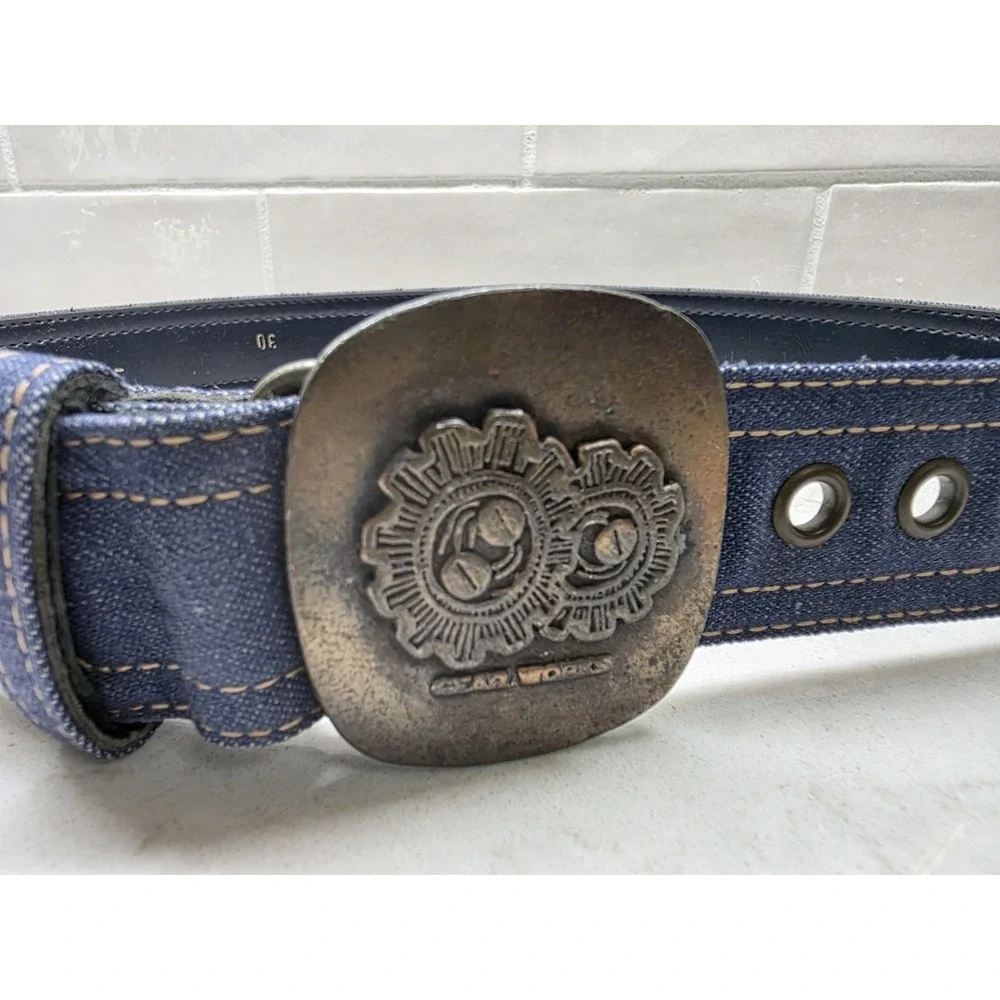 Y2K Gear Works Industrial Belt 30 Blue Canvas Leather Grommet Buckle